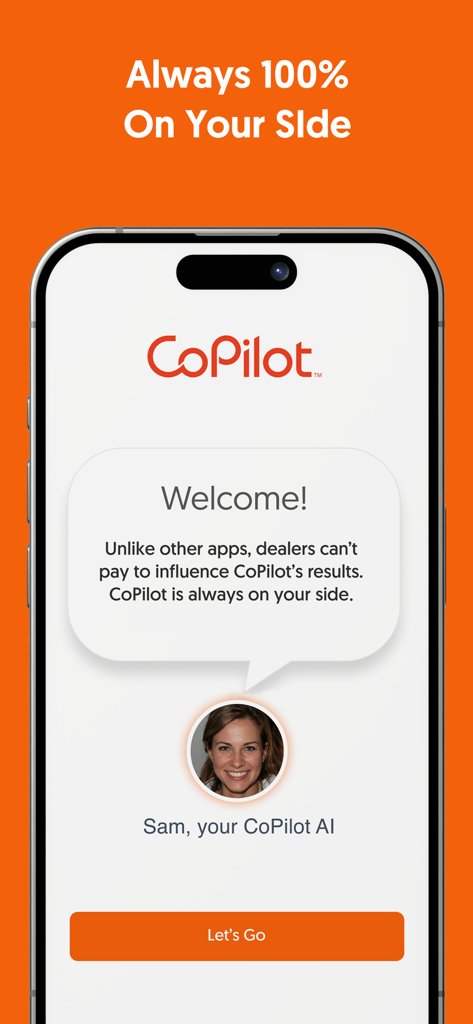 CoPilot app welcome screen featuring an AI assistant named Sam and a message about unbiased results.