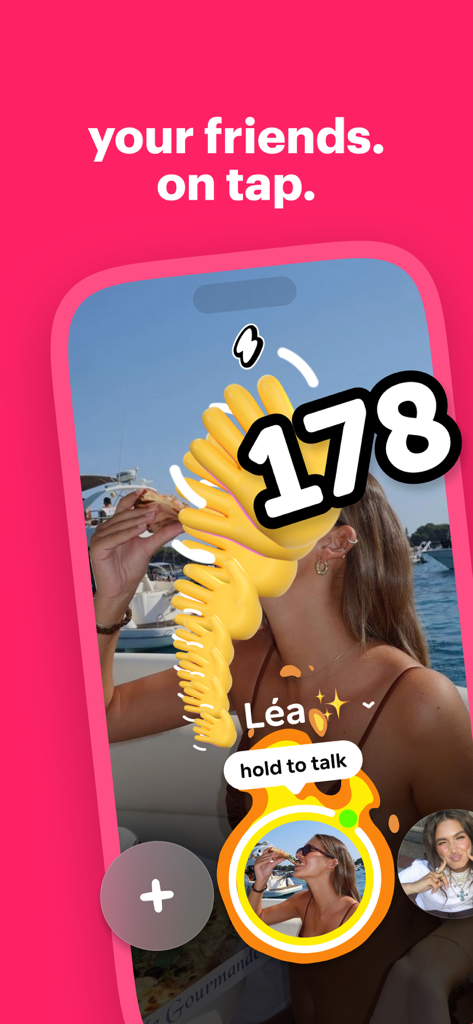 Interface of the ten ten app showing a live video feed of a friend with an interactive hand emoji animation and a hold to talk button.