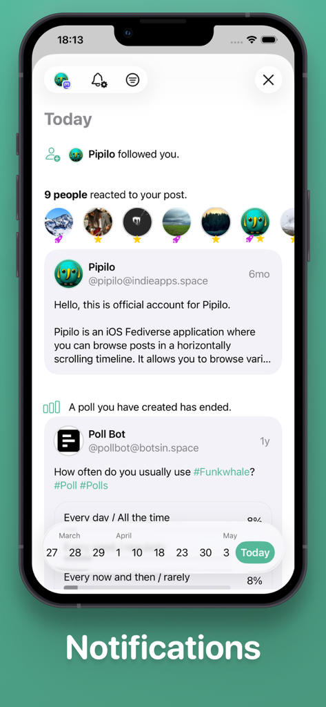 Pipilo - The Pipilo app notifications screen displaying daily activity including new followers and post reactions