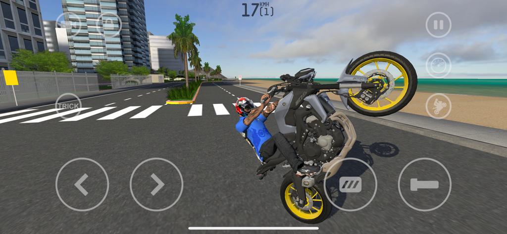 MX Grau RamoSoft - Una moto realizando un caballito alto en una calle urbana cerca de una playa en el juego móvil MX Grau RamoSoft.