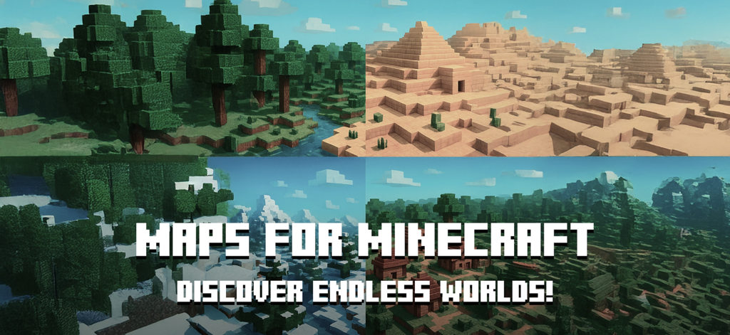 A collage showing different Minecraft biomes like a desert with pyramids and a lush forest with the text Maps for Minecraft.