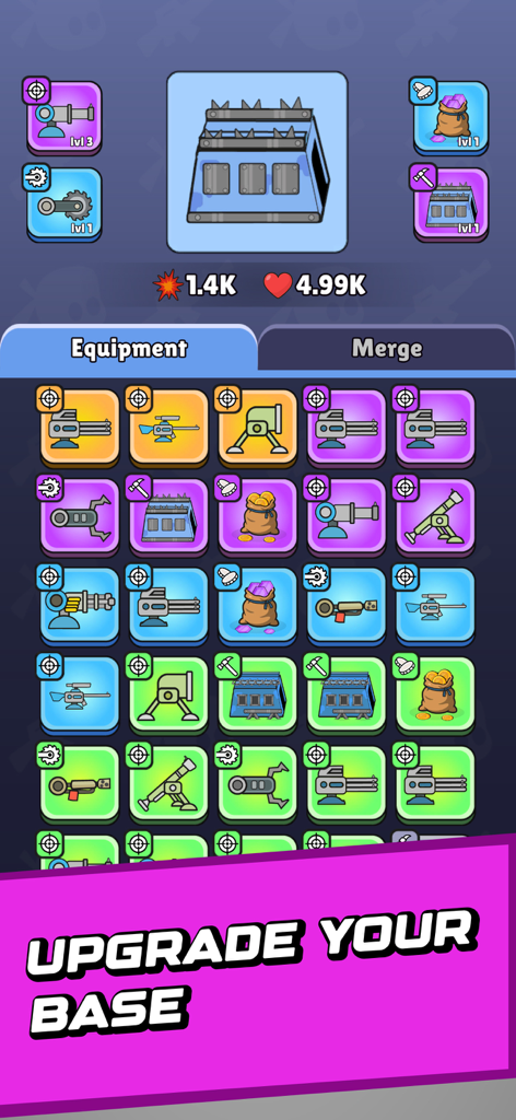 Battle Bag: War Zone - A tactical grid showing weapon upgrades and equipment for base defense in Battle Bag War Zone.
