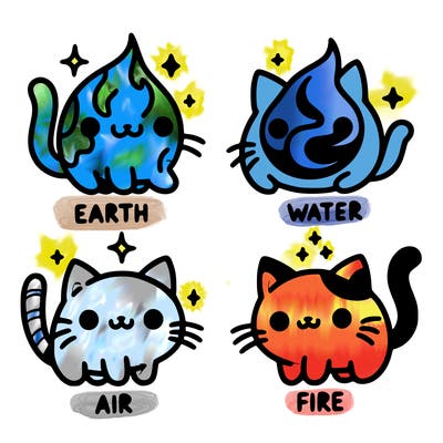 4 cats that represent the different elements, earth, water, air, and fire