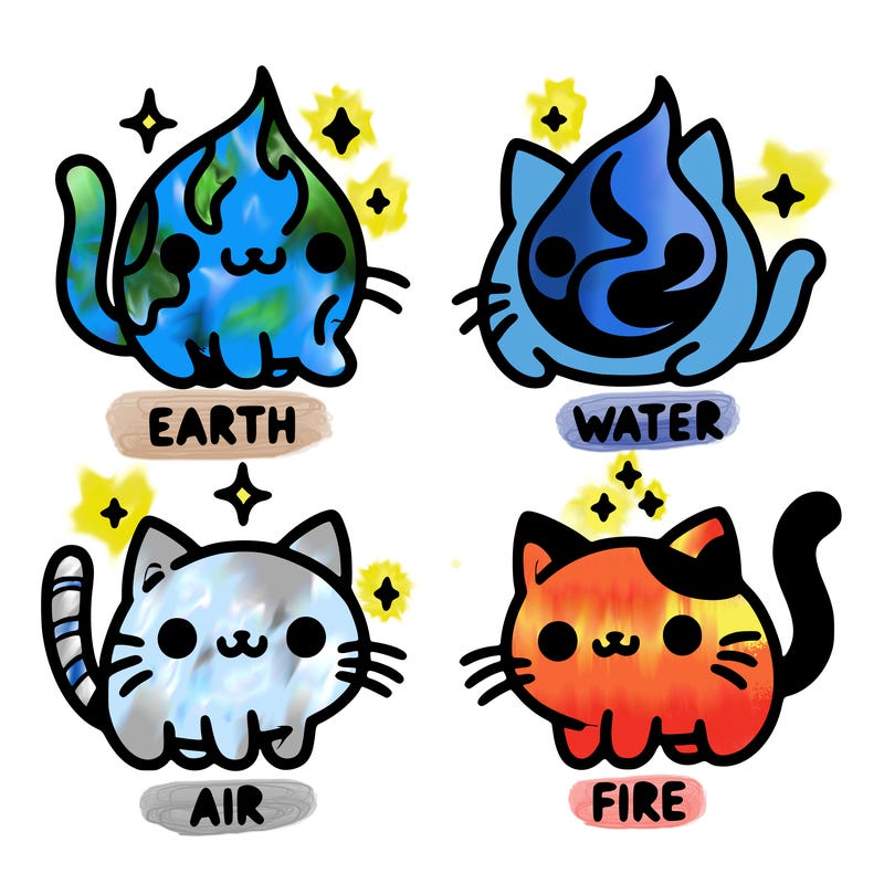 4 cats that represent the different elements, earth, water, air, and fire