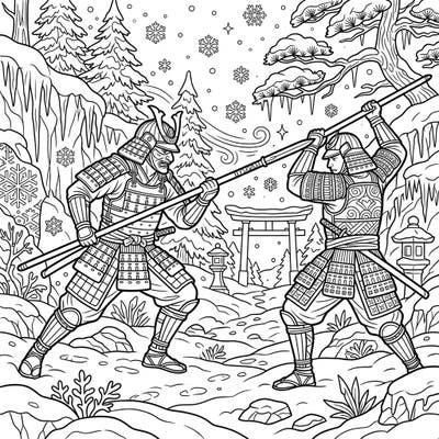 Step into an ancient snowy battlefield with this captivating coloring page featuring formidable Yari Spearsmen. Experience the thrill of samurai warriors amidst a serene yet intense winter wonderland scene, ready for your artistic touch.