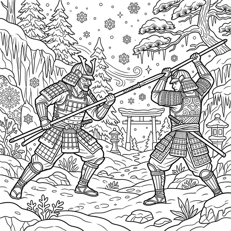 Step into an ancient snowy battlefield with this captivating coloring page featuring formidable Yari Spearsmen. Experience the thrill of samurai warriors amidst a serene yet intense winter wonderland scene, ready for your artistic touch.