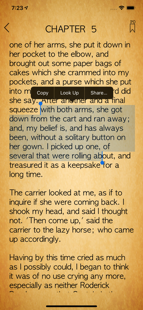 Dickens Books - Reading interface of the Dickens Books app showing a chapter of a novel on a parchment background with text selection and context menu