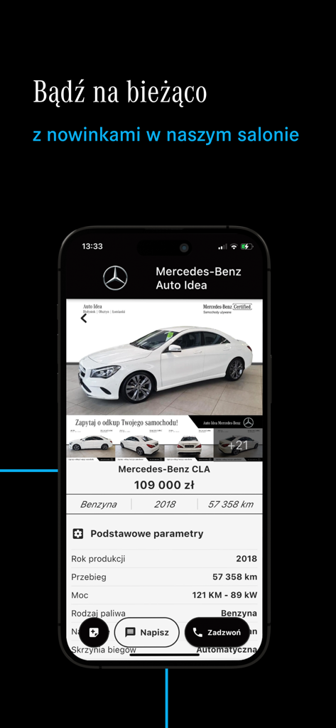 Mercedes-Benz Auto Idea - Smartphone screen showing a white Mercedes-Benz CLA listing with price and technical specifications in the Auto Idea app