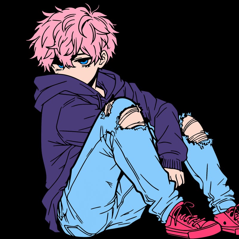a male hoddie ripped jeans messy hair anime