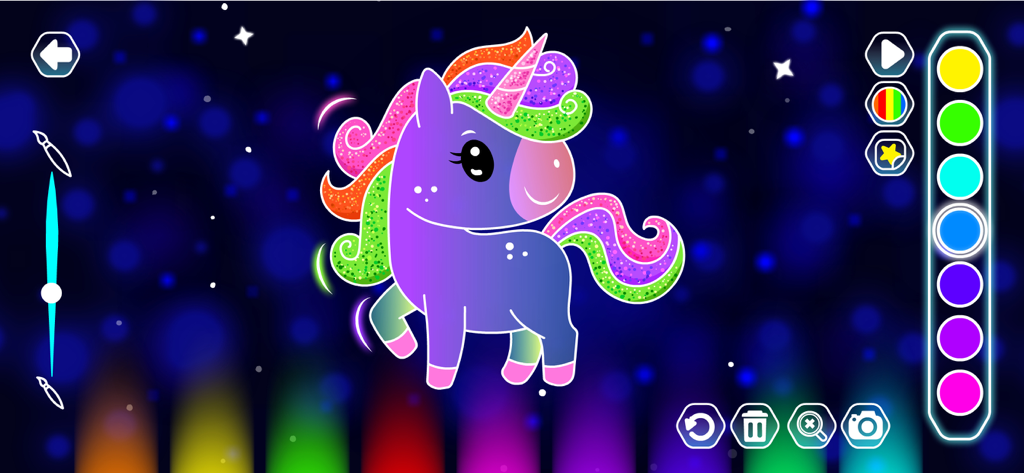 A colorful glowing unicorn doodle with a rainbow mane in a kids drawing app
