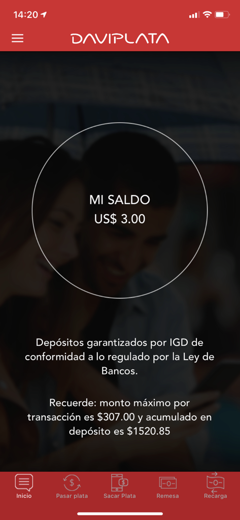 Daviplata El Salvador - Interfaz de la aplicación Daviplata El Salvador que muestra el saldo de la cuenta y las opciones para remesas y transferencias de dinero.