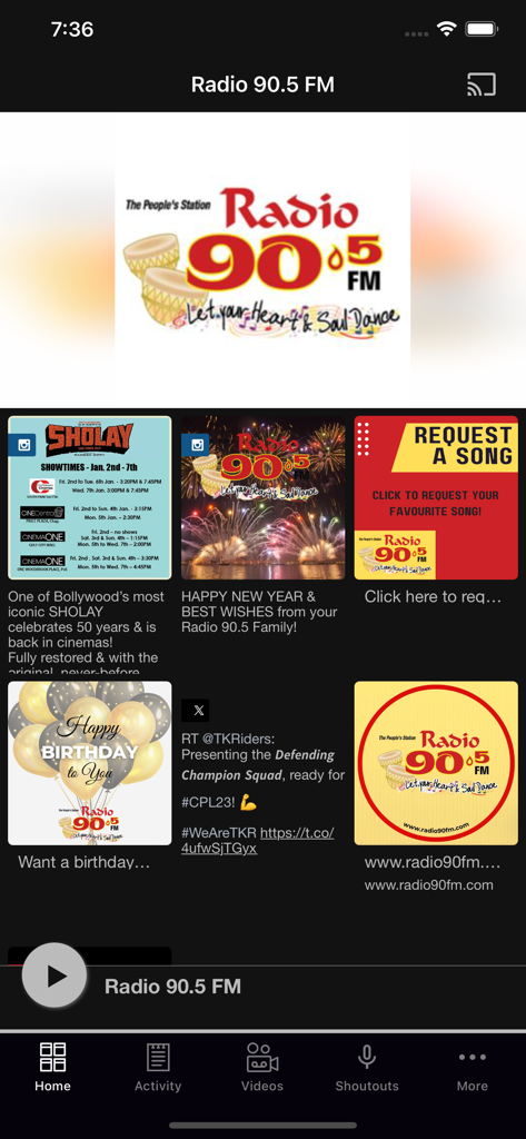 La pantalla de inicio de la aplicación móvil Radio 90.5 FM con solicitudes de canciones y actualizaciones culturales.