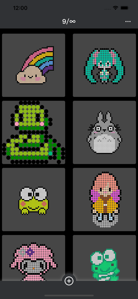 拼豆豆-拼豆图案编辑 - A gallery of various colorful pixel art designs for perler bead projects including animals and characters