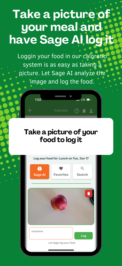 A Pound of Cure - Interfaz de la aplicación A Pound of Cure que muestra la función de registro de alimentos de Sage AI con una foto de una nectarina