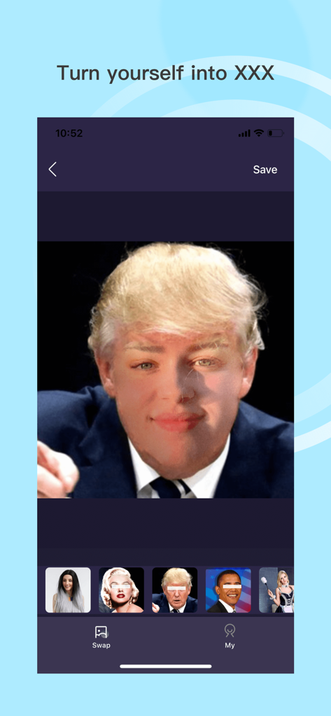 Mobile app interface showing a person's face swapped onto a celebrity template photo