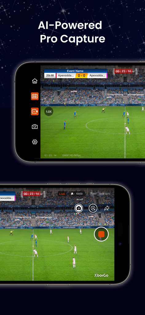 XbotGo - Interfaccia dell'app mobile XbotGo che mostra l'auto-tracking AI e lo streaming live per una partita di calcio.