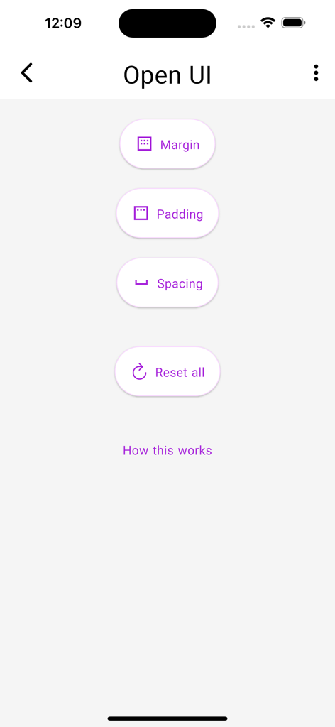 Open UI app interface displaying layout adjustment options for margin padding and spacing.