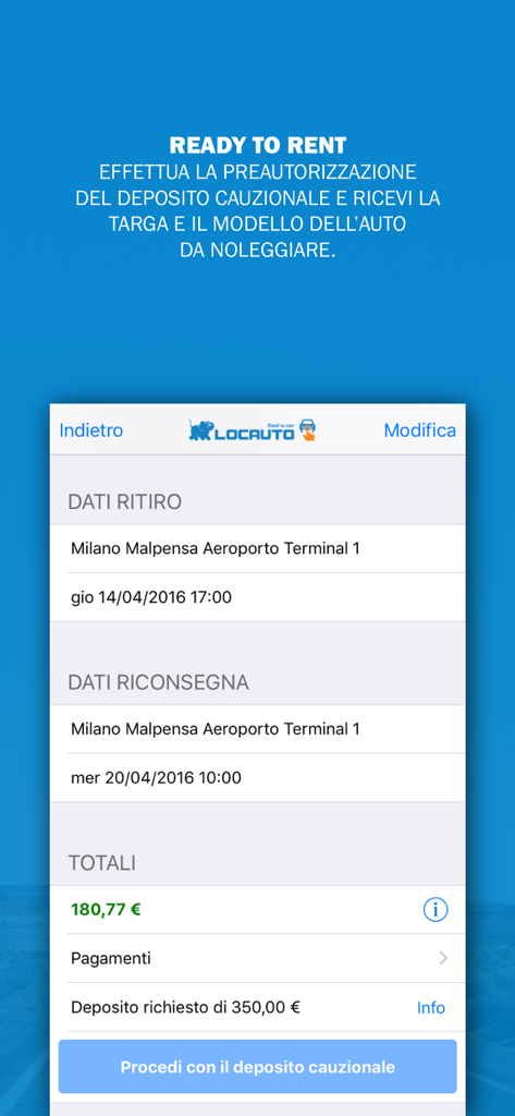 Locauto Rent - Locauto Rent app interface showing rental booking summary and security deposit payment screen
