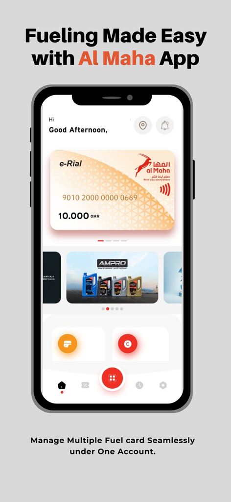 Startbildschirm der Al Maha Plus-App, der eine digitale Kraftstoffkarte mit Kontostand und Funktionen zur Standortsuche von Tankstellen zeigt