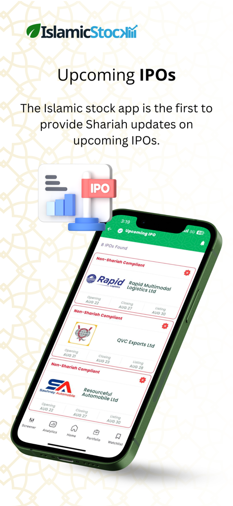 IslamicStock mobile app screen showcasing Shariah compliance updates for upcoming IPOs in India