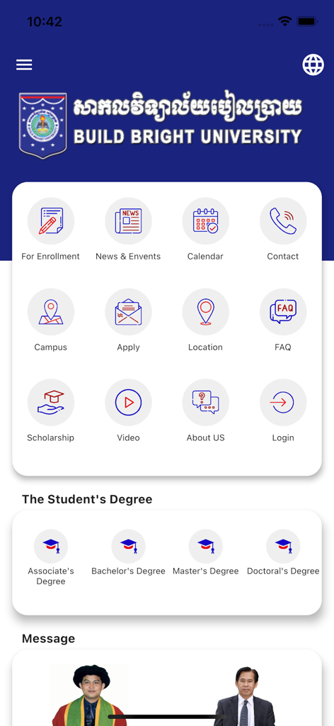Dashboard of the Build Bright University mobile app featuring student services and academic degree options