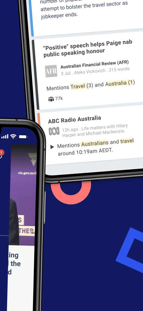 Streem - Two smartphones displaying a feed of Australian media monitoring alerts including news from the Australian Financial Review and ABC Radio Australia.