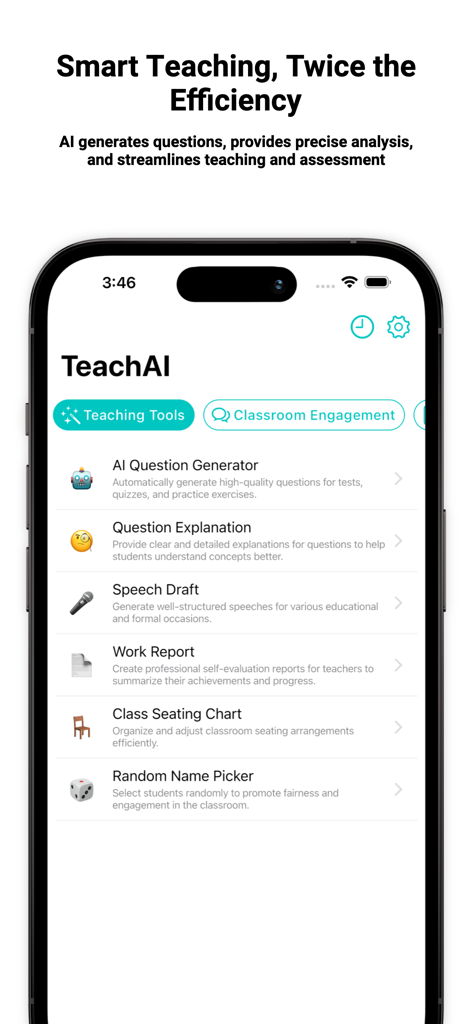 TeachAI: AI Teaching Assistant - Panel móvil de TeachAI con herramientas para la generación de preguntas y la organización del aula