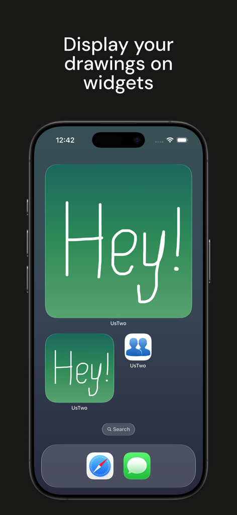 UsTwo - Draw Together - An iPhone screen displaying custom drawing widgets from the UsTwo app showing a hand-drawn Hey message.