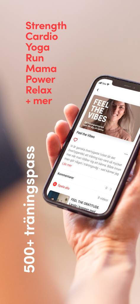 Vibes - 손으로 요가 및 카디오와 같은 운동 카테고리 목록이 있는 바이브스 웰빙 앱을 표시하는 스마트폰을 들고 있는 모습.