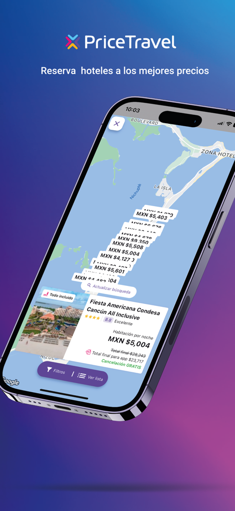 PriceTravel app showing a map with hotel prices in Cancun and a featured all-inclusive resort