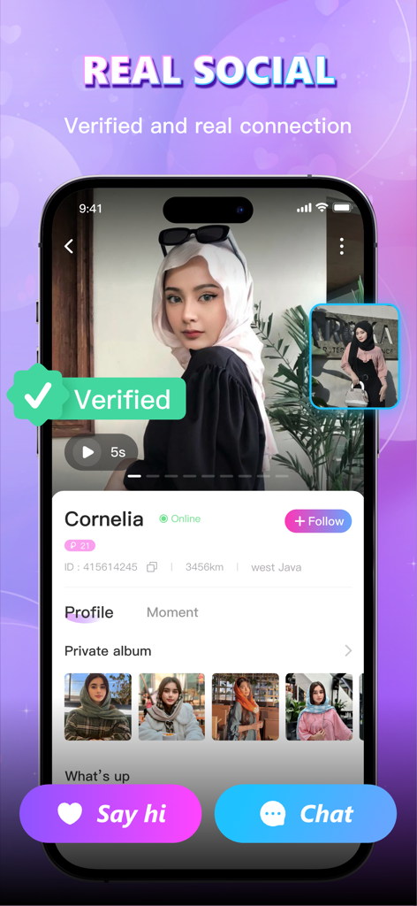 HATI: NGL, Chat, Voice Party - A verified user profile on the HATI social app featuring profile photos and chat options.