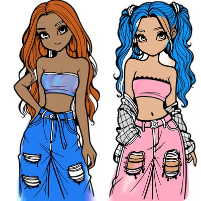 2 girls in crop tops and baggy jeans ripped
