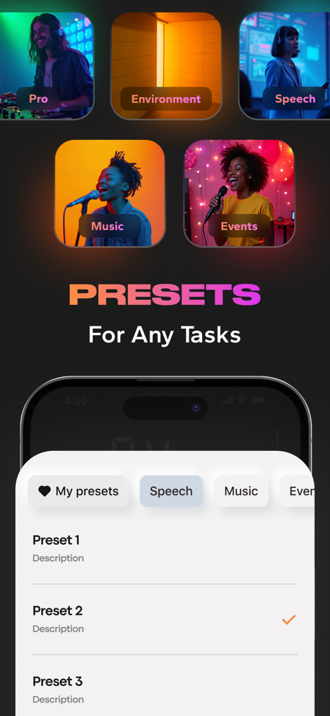 Microphone app screen displaying audio presets for speech music and professional events
