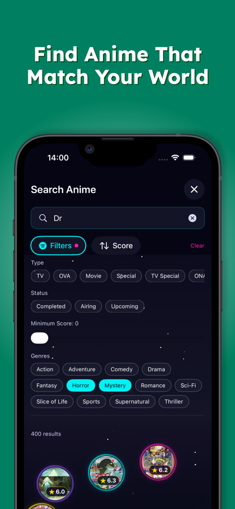 Search and filter screen of The Animekai app with anime categories and ratings.