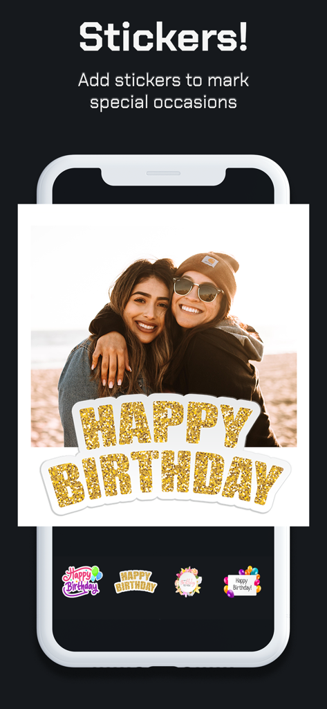 Mobile app interface showing a gold glitter Happy Birthday sticker applied to a photo of two women.
