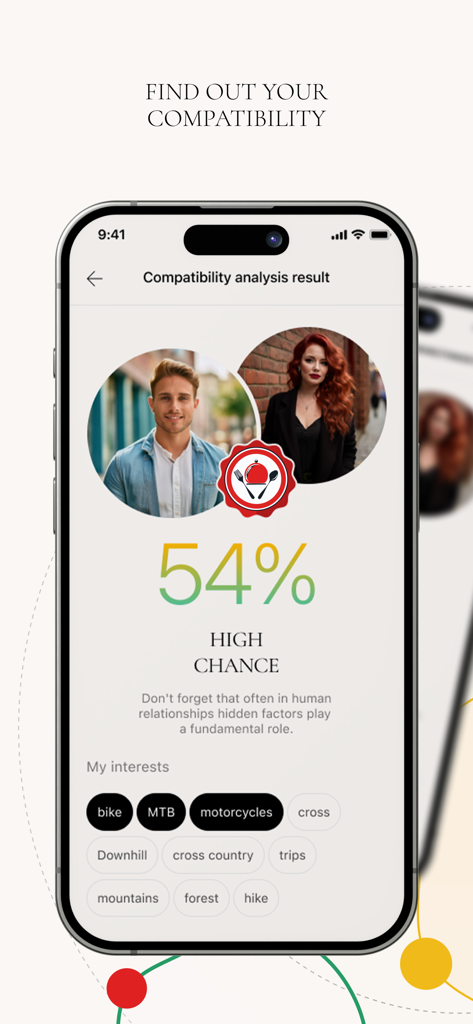 F date&eat - Compatibility analysis result screen showing a fifty four percent score and user interests in the F date and eat app