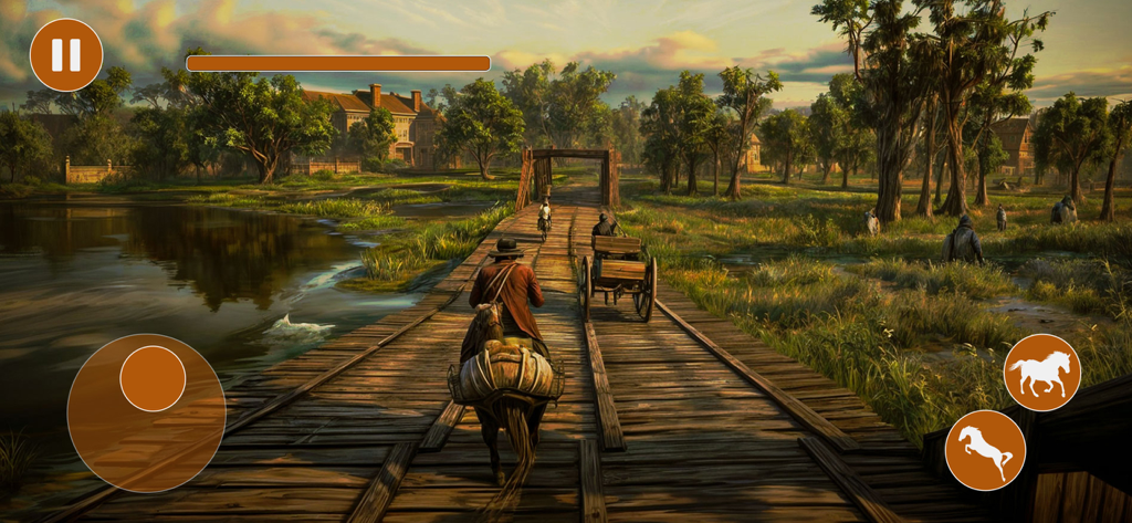 Cowboy Horse Racing Games Sim - Cowboy riding a horse across a wooden bridge in a Wild West simulation game