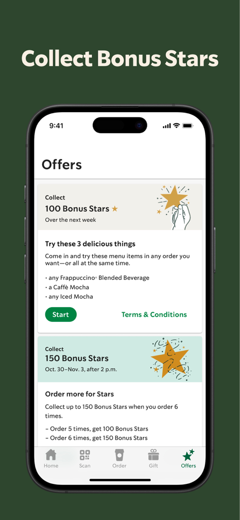 Starbucks app interface displaying personalized reward offers and bonus star challenges