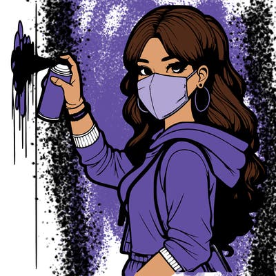 realistic girl with mask spray painting a wall