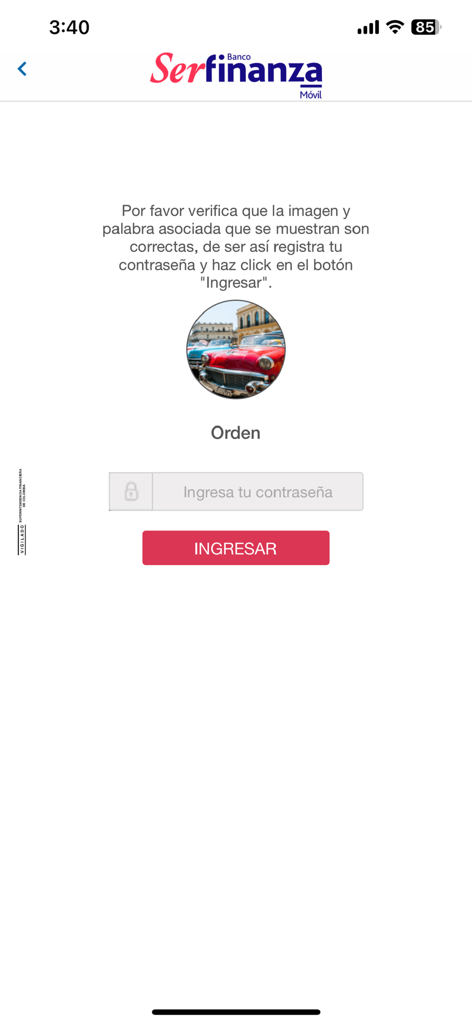 Pantalla de inicio de sesión de Banco Serfinanza con verificación de seguridad por imagen y campo de ingreso de contraseña