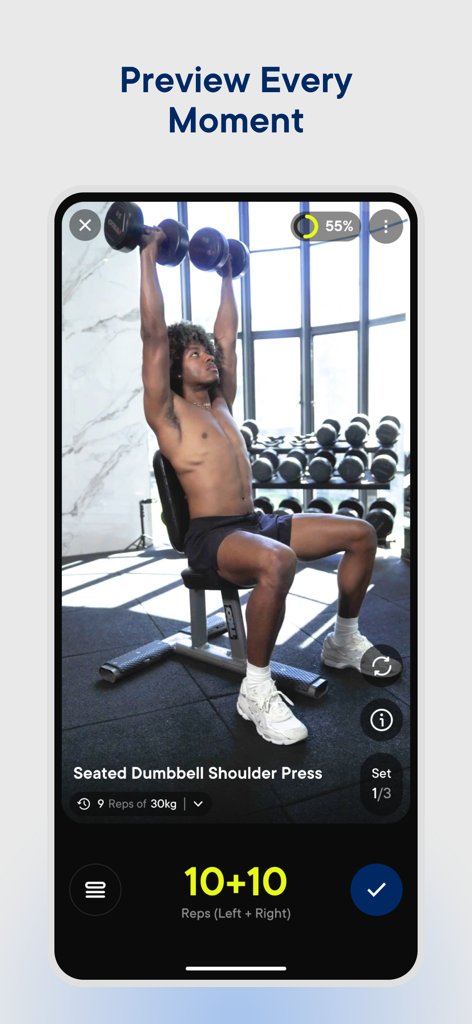 Xeela: Train, Fuel, Transform - A workout preview in the Xeela app showing a seated dumbbell shoulder press with exercise tracking data