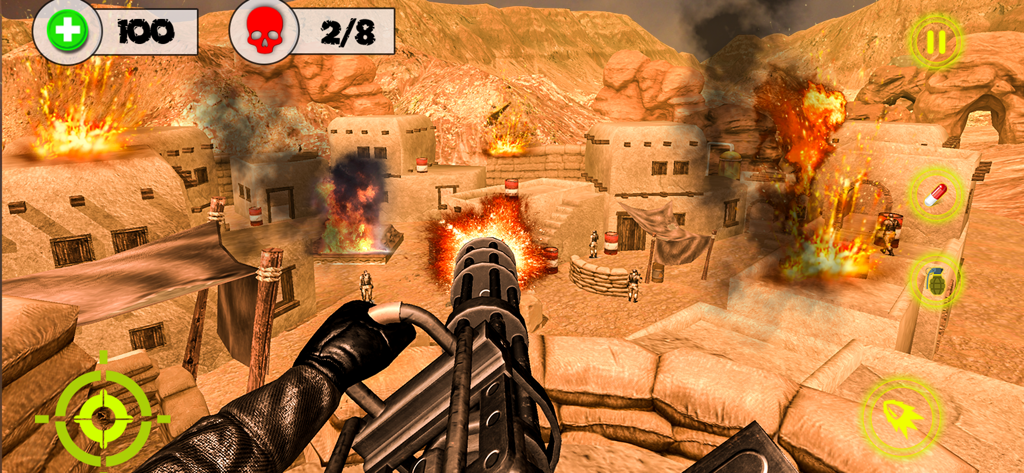 A first person shooter view in Gunship Gun Game Modern Ops showing a machine gun firing in a desert village with explosions.