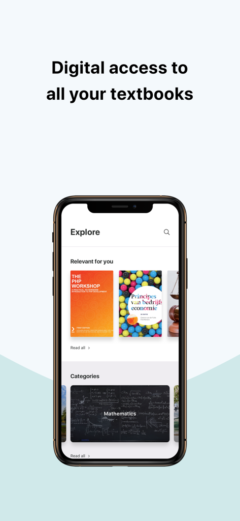BUKU - Pantalla de smartphone que muestra la página de exploración de la aplicación BUKU con una biblioteca de libros de texto digitales y categorías académicas