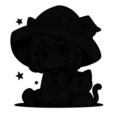 cute anime witch with a cute cat