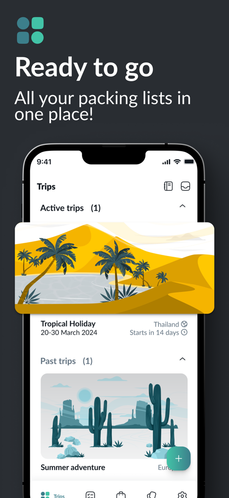 Pak - Travel Packing Checklist - Panel de la aplicación de viaje Pak que muestra listas de equipaje activas y pasadas para diferentes viajes.