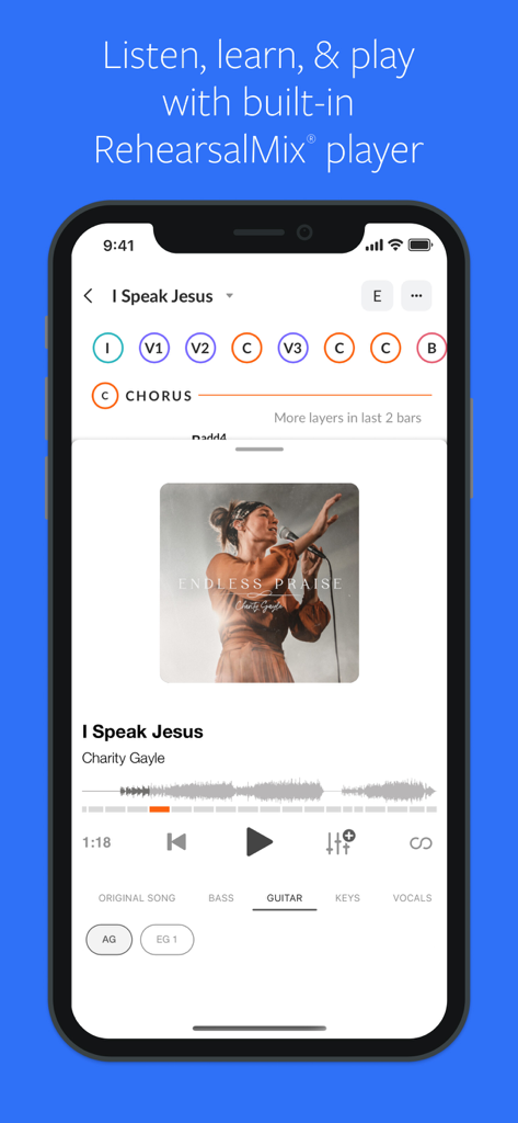 MultiTracks.com ChartBuilder - Mobile interface of ChartBuilder app featuring the RehearsalMix player for instrument practice and track isolation