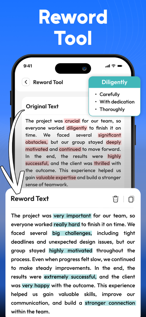Paraphrase Tool - Humanize Ai - Mobile app interface showing the Reword Tool feature with original and rephrased text comparison