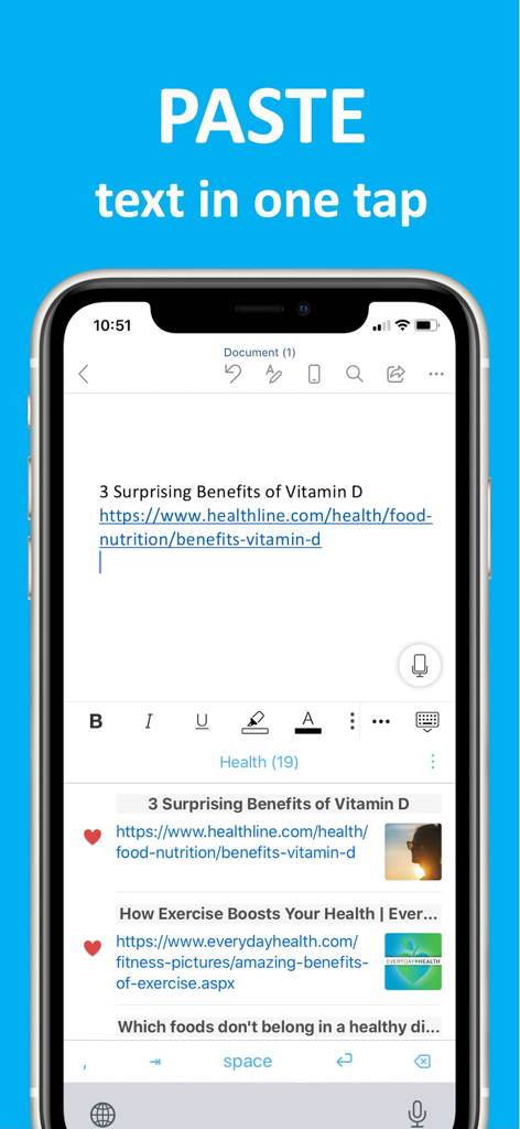 iPhone screen demonstrating the Copy Em custom keyboard pasting clipboard history into a document