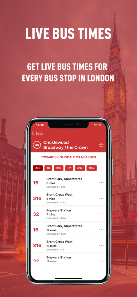 Contagem regressiva de chegada de ônibus em tempo real em Londres em uma tela de iPhone com o Big Ben ao fundo