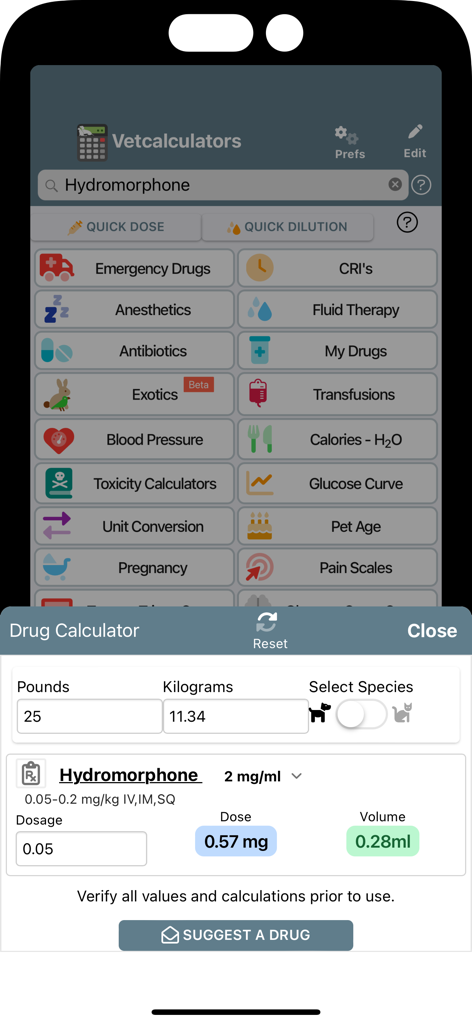 Vetcalculators - Vetcalculators app interface showing a medication dosage calculation for a dog